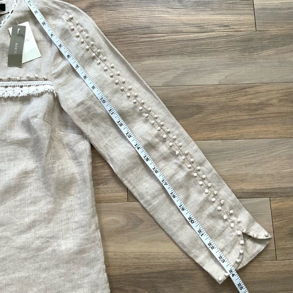 J Crew Top Beige Linen Embroidered Fringe Crochet Trim Notched Sides Relaxed Fit - Picture 6 of 6